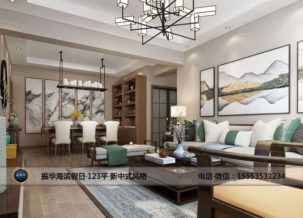 开发区振华海滨假日123平三室两厅新中式风格效果图 (3)